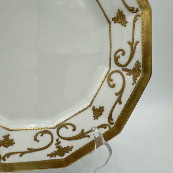 Antique Limoges Plate 9.25” Gold Trim France 12-sided Embossed Scroll - Picture 4 of 14